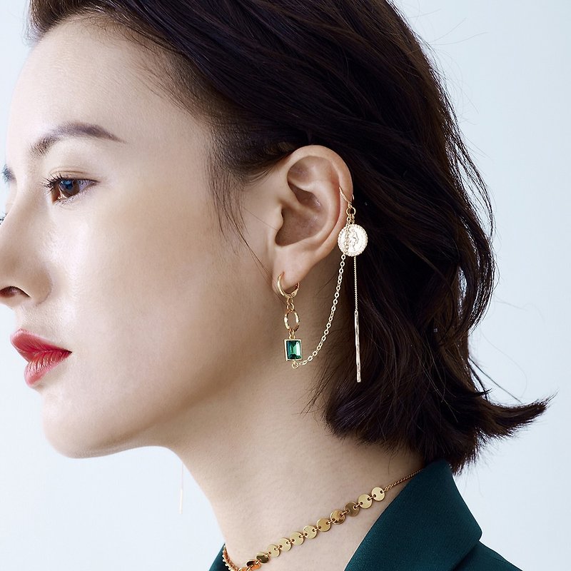 Original Design Emerald Crystal Pearl Tassel Coin Earrings Ear Clip Chain - Earrings & Clip-ons - Copper & Brass Green