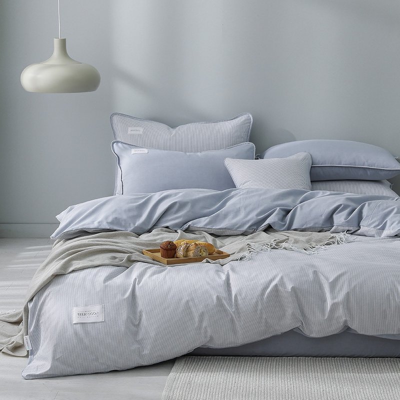 230 yarn combed cotton and thin quilt cover bed bag set (water mist) - เครื่องนอน - ผ้าฝ้าย/ผ้าลินิน สีน้ำเงิน