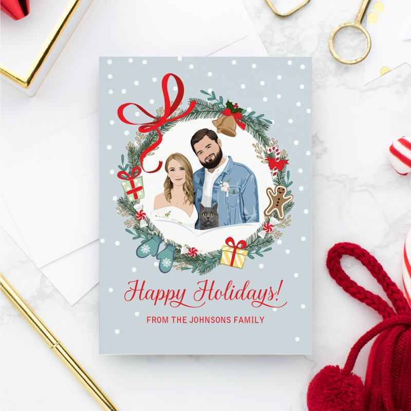 Custom Christmas card with portrait from photo. Printable X-mas card. - 電子喜帖/賀卡/邀請函 - 其他材質 
