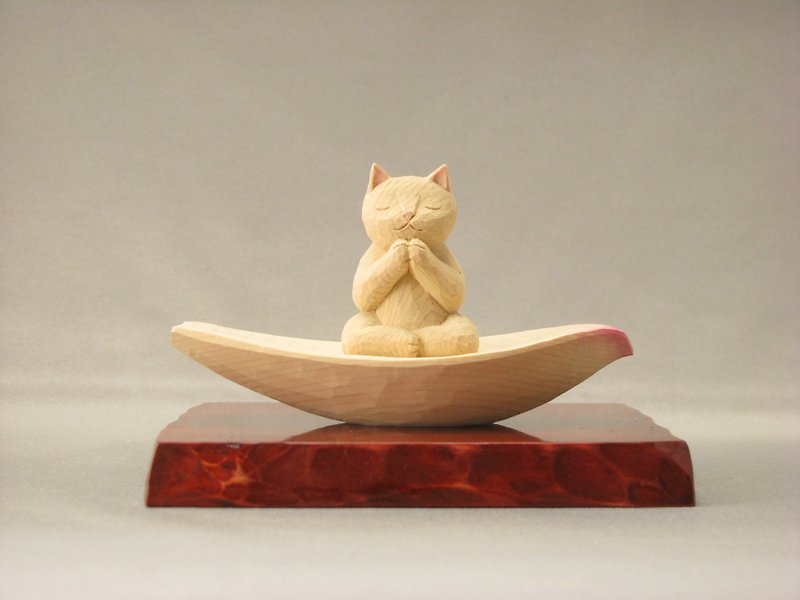 Wood carving cat, Cat to pray sitting in the lotus petals.001222 - Items for Display - Wood White