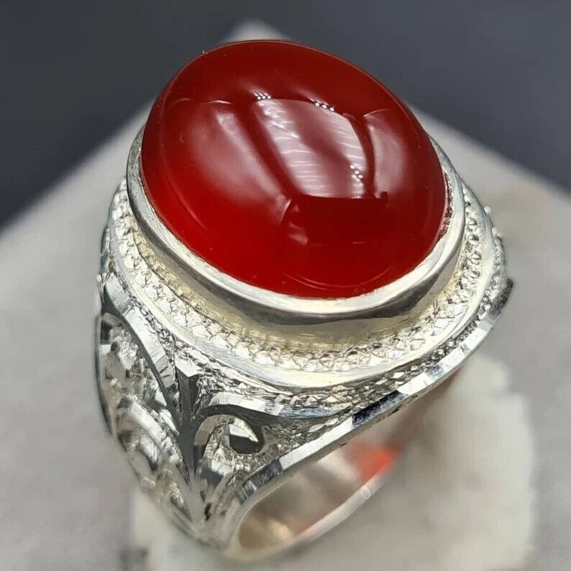 NATURAL Red Yemeni agate stone ring Hand engraving ring fully artisan mens style - 戒指 - 寶石 紅色