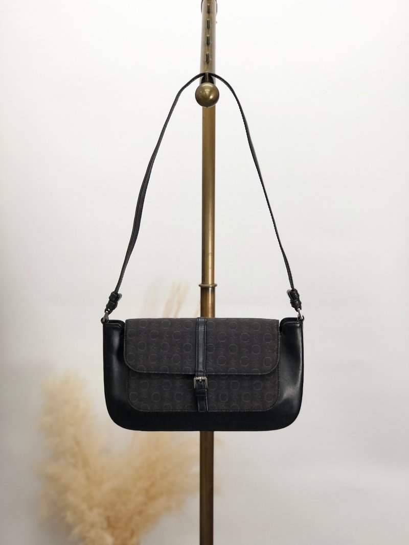 【 日本直送　名牌中古包 】CELINE セリーヌ Cマカダム ショルダーバッグ ブラック ジャガード レザー セミショルダーバッグ オールド 6ka487 - 側背包/斜背包 - 棉．麻 黑色
