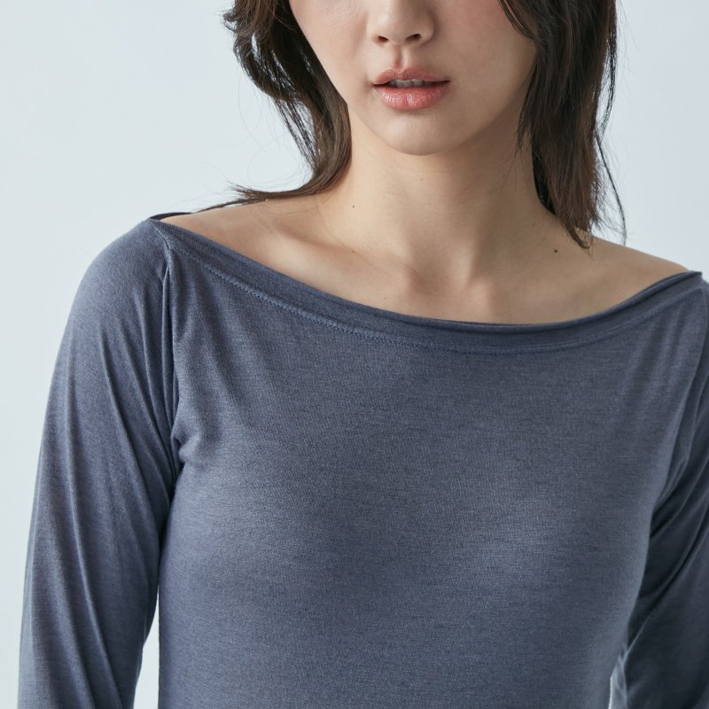 Boat-shaped long-sleeved top-lotus gray - เสื้อยืดผู้หญิง - ผ้าฝ้าย/ผ้าลินิน สีม่วง