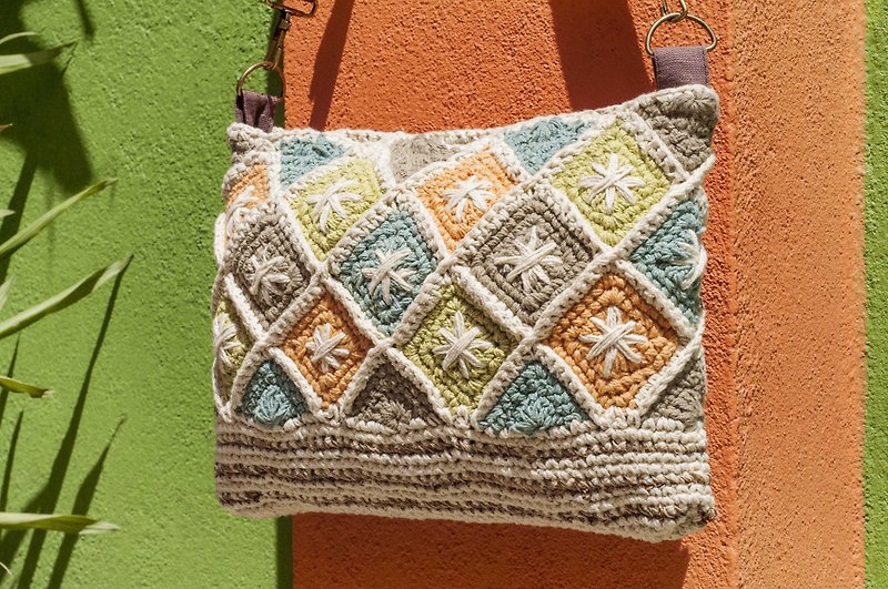 Handmade crochet side backpack shoulder bag Tote bag oblique bag woven bag - Nordic geometric flowers - Messenger Bags & Sling Bags - Cotton & Hemp Multicolor