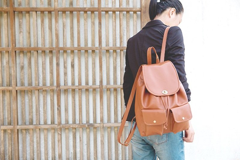 Taiwan Original/CLM Vegan Leather/Turn Buckle Backpack_Camel - Backpacks - Waterproof Material Brown