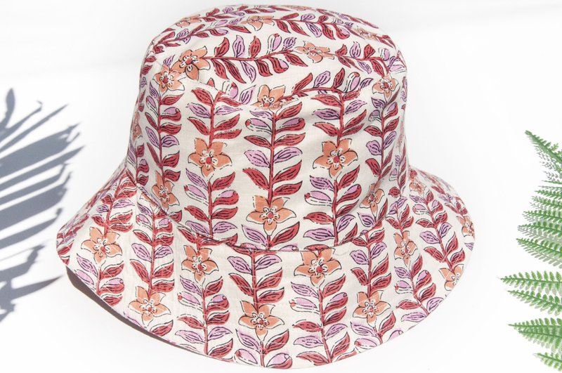 Fisherman hat double-sided woodcut printing hat cotton hat woven hat sun hat hiking hat pumpkin hat-pink flower - หมวก - ผ้าฝ้าย/ผ้าลินิน หลากหลายสี