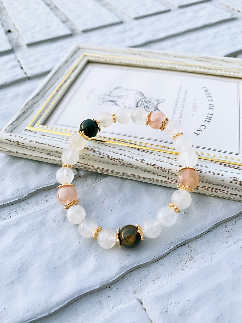 Blue halo white moonstone/pink cherry agate/green hair crystal hand-made design energy crystal bracelet - สร้อยข้อมือ - คริสตัล 