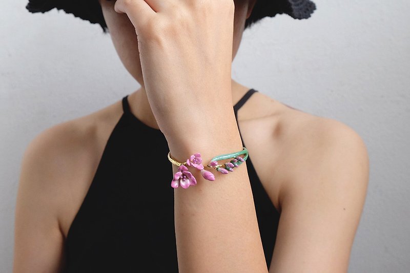 Freesia Bangle, Pink Freesia, Pink Flower, Flower Jewelry - Bracelets - Copper & Brass Pink