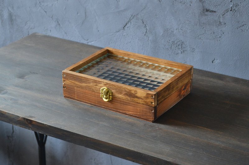 0310mito 日本檜木復古格紋玻璃收藏盒 M size - 居家收納/收納盒/儲物盒 - 玻璃 咖啡色