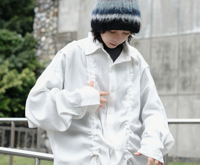Radio tear-off drawstring loose wrinkled shirt - Shop
