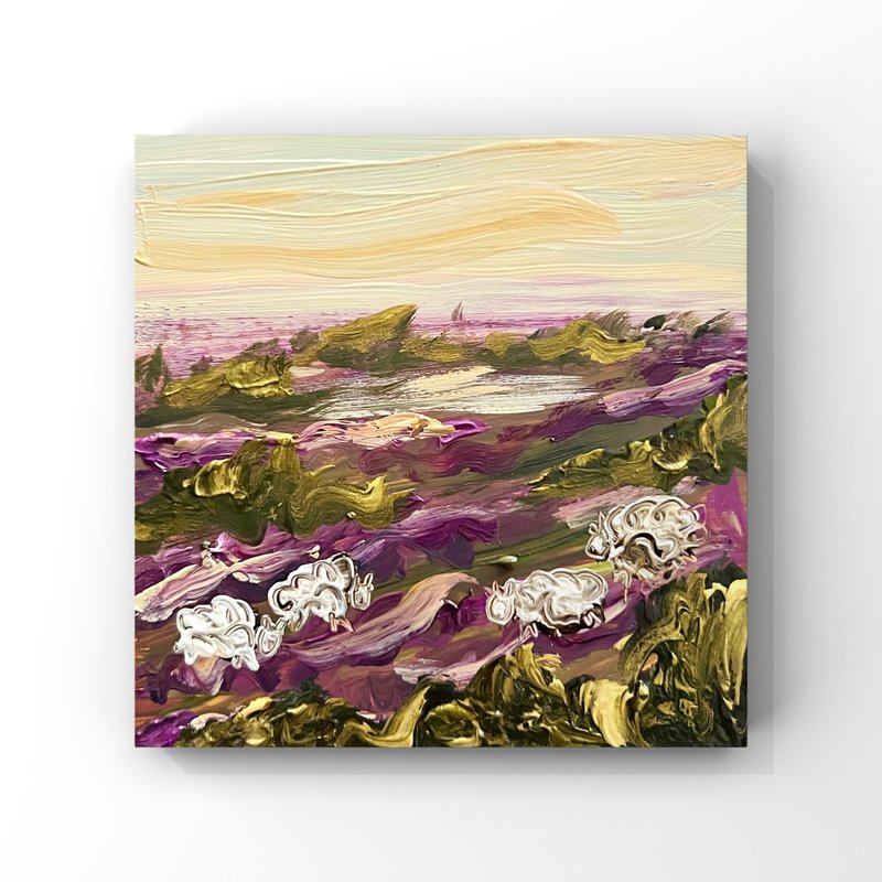 Abstract French countryside landscape painting sheep grazing Sunset meadow art - 海報/掛畫/掛布 - 其他材質 多色