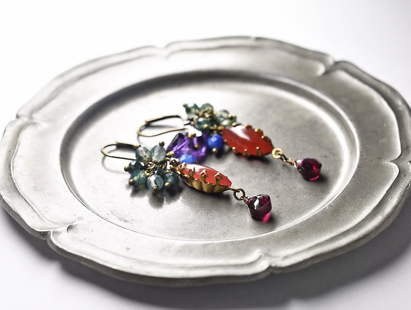Vintage beads and fluffy moss agate, garnet, amethyst, kyanite earrings