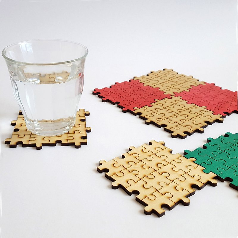 Combination jigsaw coaster / wooden coaster with puzzle pattern 2 pieces set - ที่รองแก้ว - ไม้ ขาว