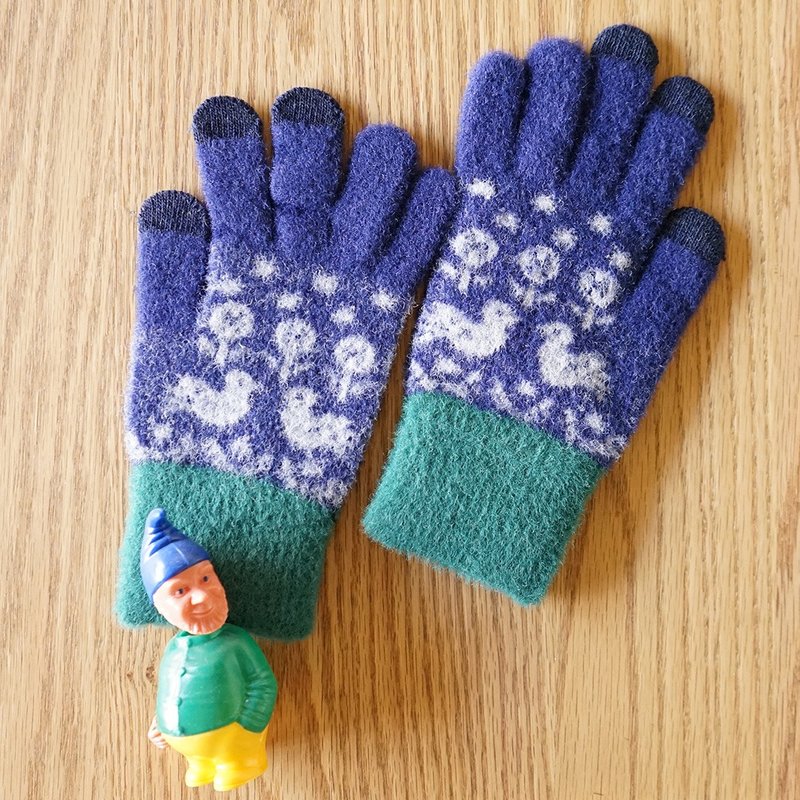 touch screen gloves fluffy warm birds navy - Gloves & Mittens - Acrylic Blue