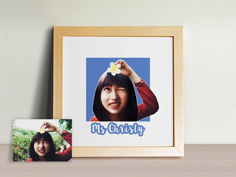 Customized Q version cartoon style portrait (single) image file with 20cm x 20cm wood picture frame - Customized Portraits - Paper Orange