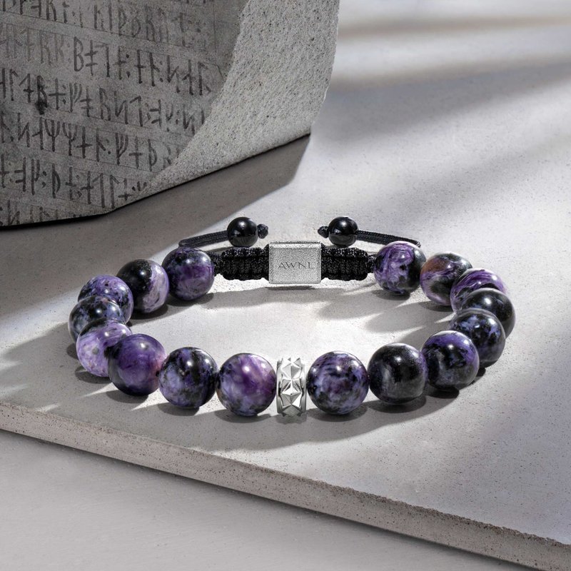 Men's Beaded Drawstring Bracelet with Charoite - สร้อยข้อมือ - คริสตัล สีม่วง