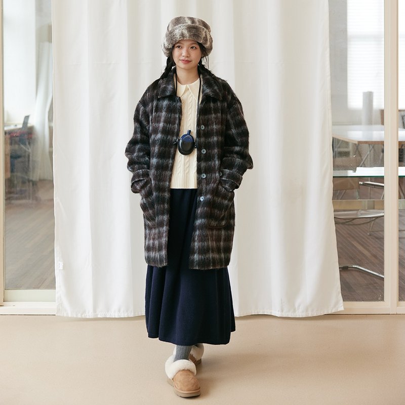 復古藍咖格紋大衣|外套|冬款|Sora-1699 - 女大衣/外套 - 羊毛 