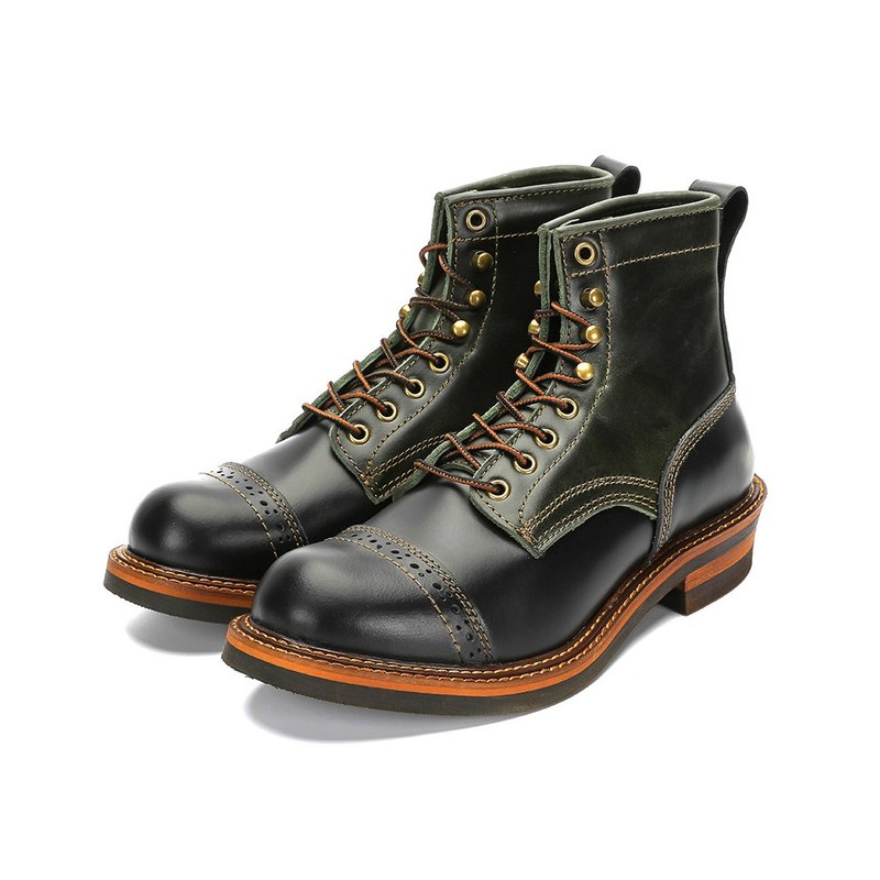 Men Ankle Boots Vintage Genuine Leather Shoes Outdoor Tooling Motorcycle Boots - รองเท้าหนังผู้ชาย - หนังแท้ สีดำ