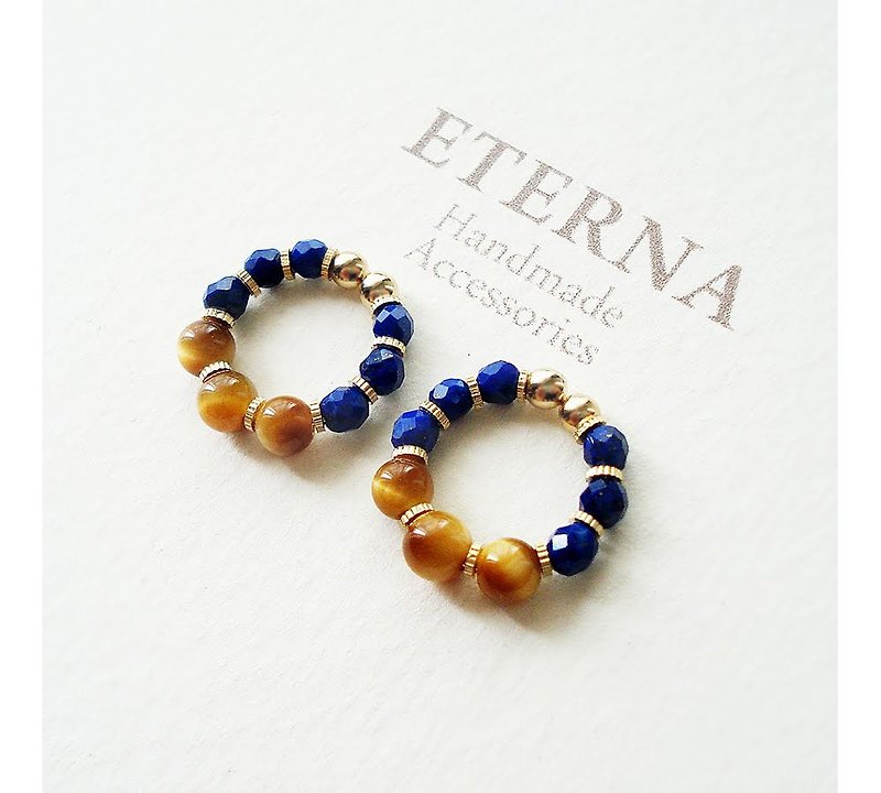 Lapis Lazuli and Golden tiger eye, tiny hoop earrings 夾式耳環 - Earrings & Clip-ons - Stone Orange