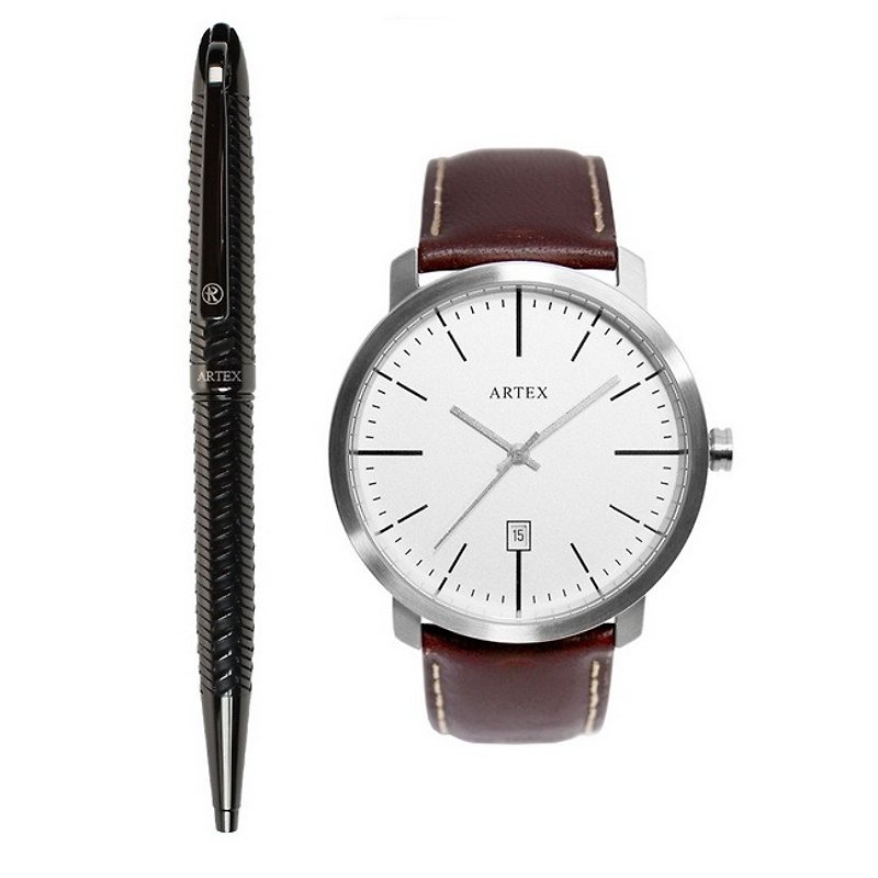ARTEX 雅爵原子筆+手錶 雙組合/ 黑色琴鍵 - 女裝錶 - 真皮 咖啡色