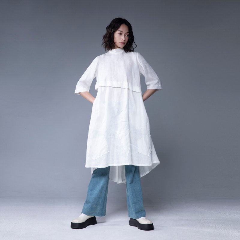 Aman No.4 仙女洋1號 有袖 純白 亞麻 - 洋裝/連身裙 - 棉．麻 