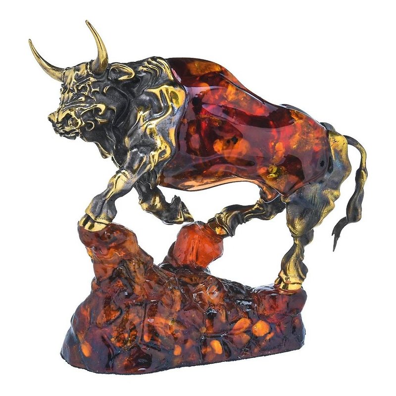 琥珀とブロンズの雄牛の彫刻|琥珀のお土産ギフト|琥珀の雄牛の置物| - 置物 - 宝石 ブラウン