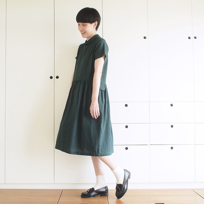 polish linen gathered dress : green - ชุดเดรส - ผ้าฝ้าย/ผ้าลินิน สีเขียว