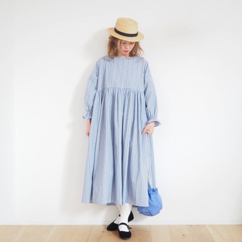 Organic cotton stripe gather one-piece - ショップ pongee