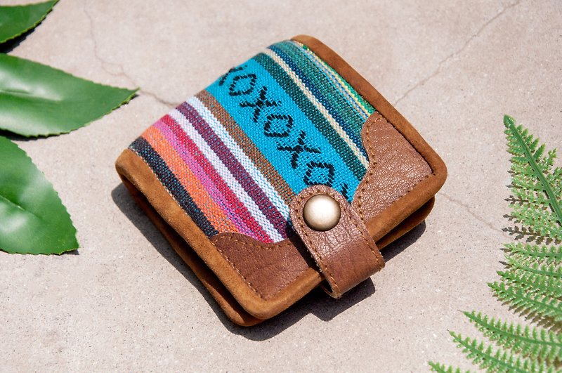 Hand-woven stitching leather short clip short wallet coin purse woven short clip-ethnic blue magic - กระเป๋าสตางค์ - หนังแท้ 