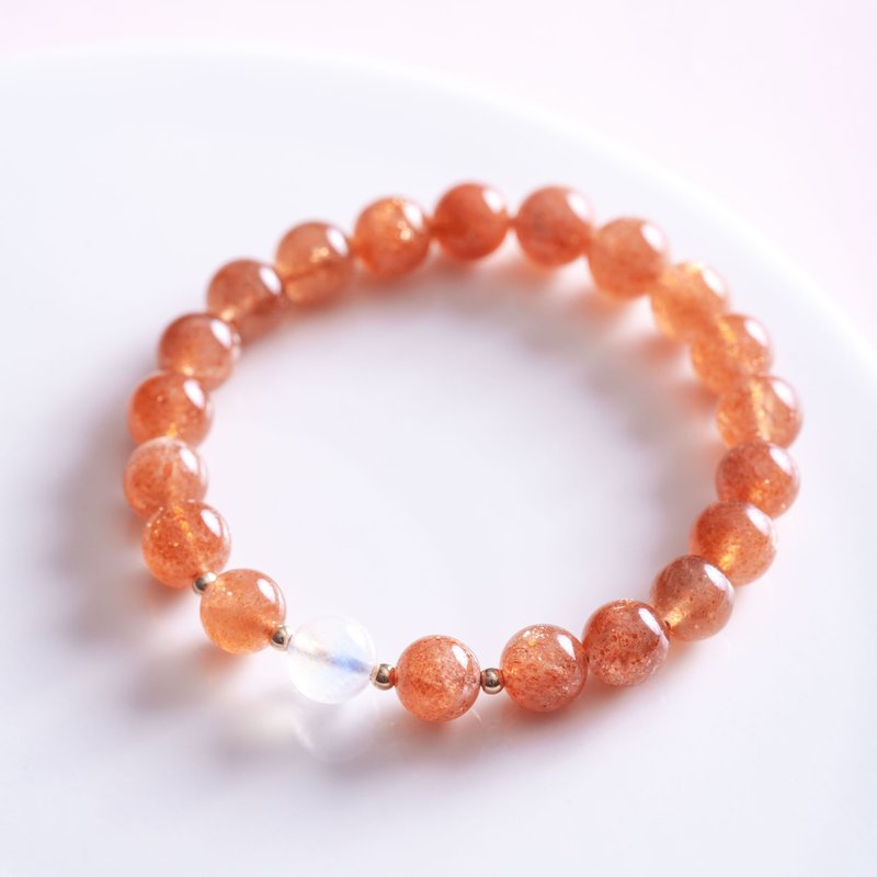 金太陽石月亮石14K包金手鍊 | 8mm 太陽石月光石手鏈天然水晶禮物 - 手鍊/手鐲 - 寶石 橘色