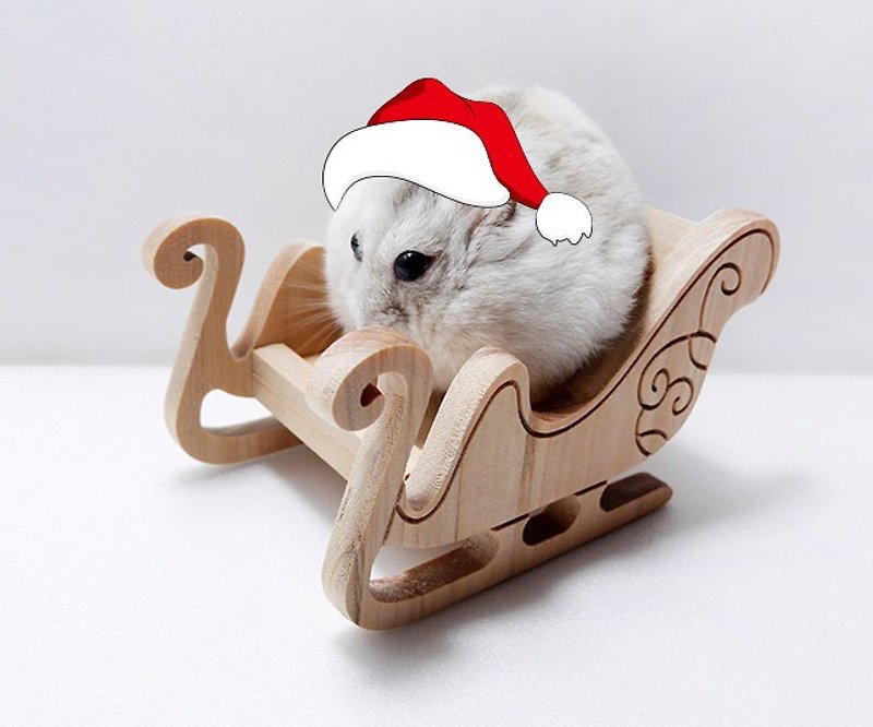 小目工坊 原木作 聖誕 雪橇駕到 倉鼠 寵物 雪橇 送禮 置物盒 - 寵物床 - 木頭 咖啡色