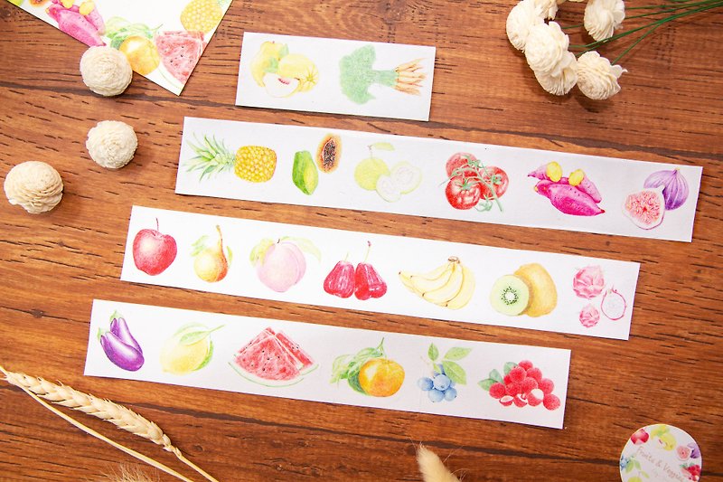 蔬果插畫紙膠帶  4cm - 紙膠帶 - 紙 多色