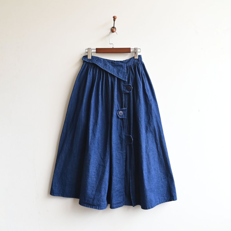 [Egg Plant Vintage] Geometric Game High Waist Denim Vintage Skirt - กระโปรง - ผ้าฝ้าย/ผ้าลินิน สีน้ำเงิน