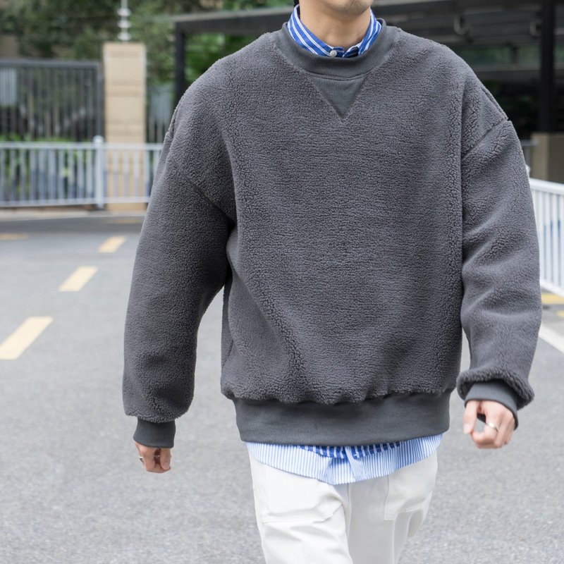 Hoodie 搖粒絨衛衣 日系潮流冬季保暖款 - 帽T/大學T - 棉．麻 灰色