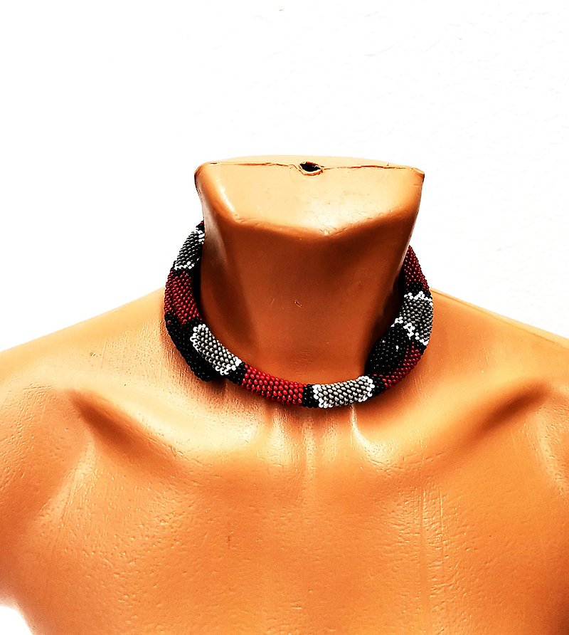 Coral Beaded Snake Necklace Ouroboros Choker - Necklaces - Glass Red