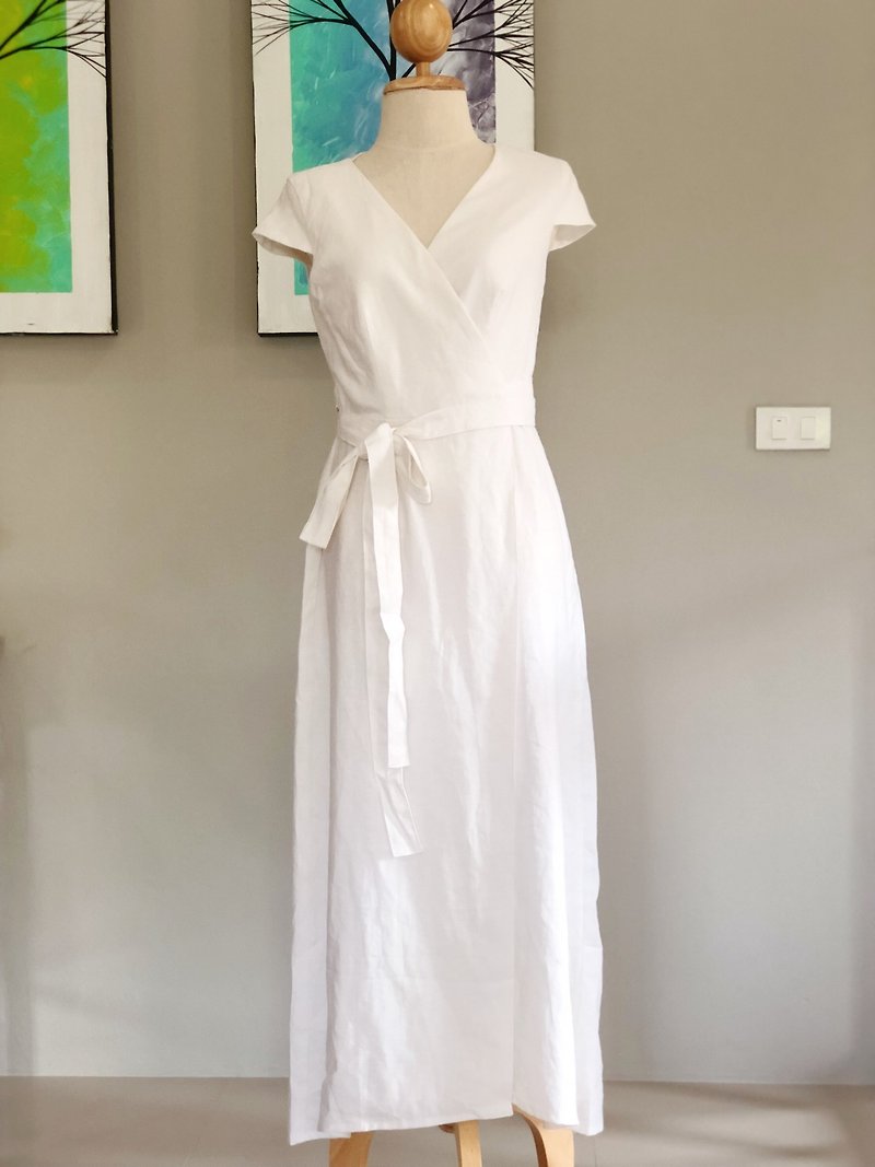 Isabella Linen Dress | Wrap dress | Summer Dress | Long Dress | white dress - ชุดเดรส - ลินิน ขาว