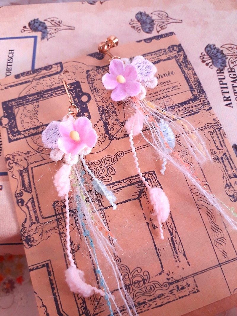 Forest fairy pink lace lace fringed feel earrings D136 gift forest dreams pure girl heart Valentine's Day gift - Earrings & Clip-ons - Other Materials Pink