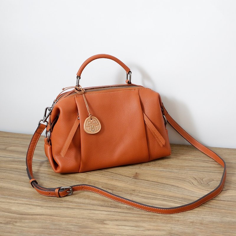 2-Way Bag for Women, Genuine Leather, Shoulder Bag, Handbag, Casual, Commuting Bag, Crossbody - Messenger Bags & Sling Bags - Genuine Leather Orange