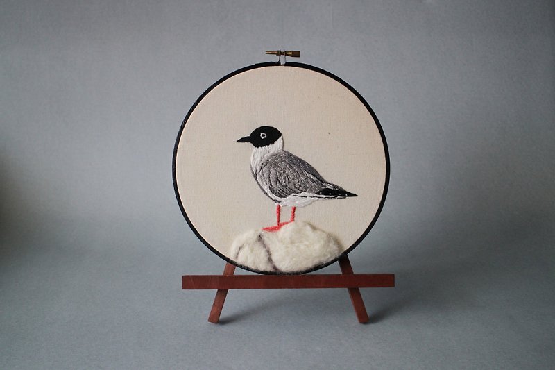Hand-embroidered painting works / Embroidered bird set_Black-billed Gull - โปสเตอร์ - งานปัก สีดำ