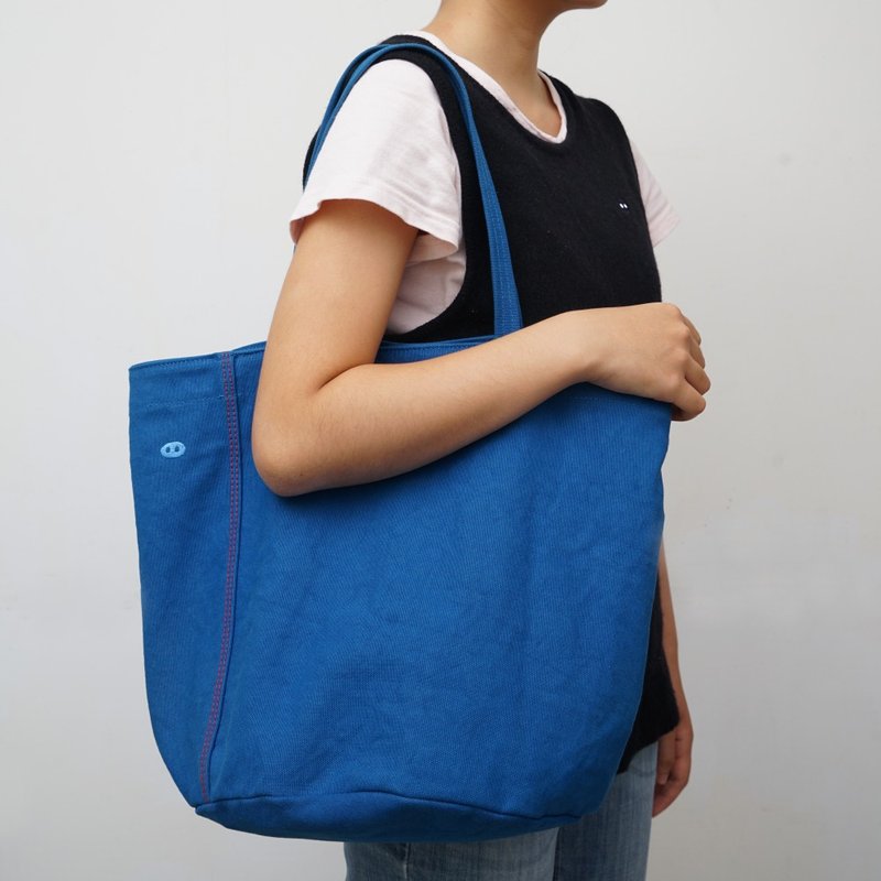 MOGU/Canvas Shoulder Tote Bag/Cobalt Blue/Small Cam - กระเป๋าแมสเซนเจอร์ - ผ้าฝ้าย/ผ้าลินิน สีน้ำเงิน