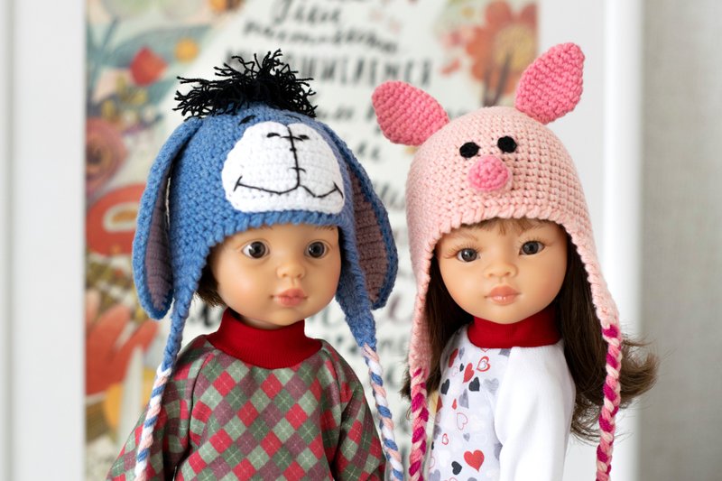 Piglet and Donkey hats for Paola Reina doll, Meadowdolls Dumplings, 针织帽 - 寶寶/兒童玩具/玩偶 - 棉．麻 多色