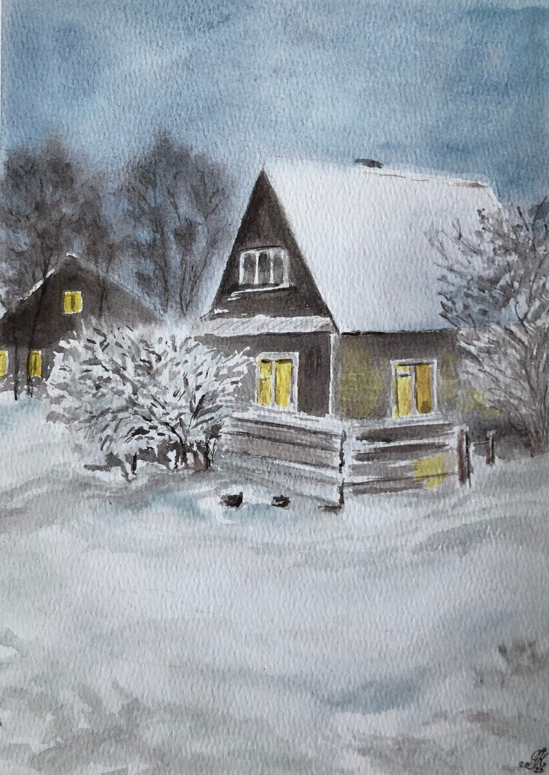 冬夜原創水彩畫牆藝術廚房廚櫃 - 牆貼/牆身裝飾 - 紙 白色