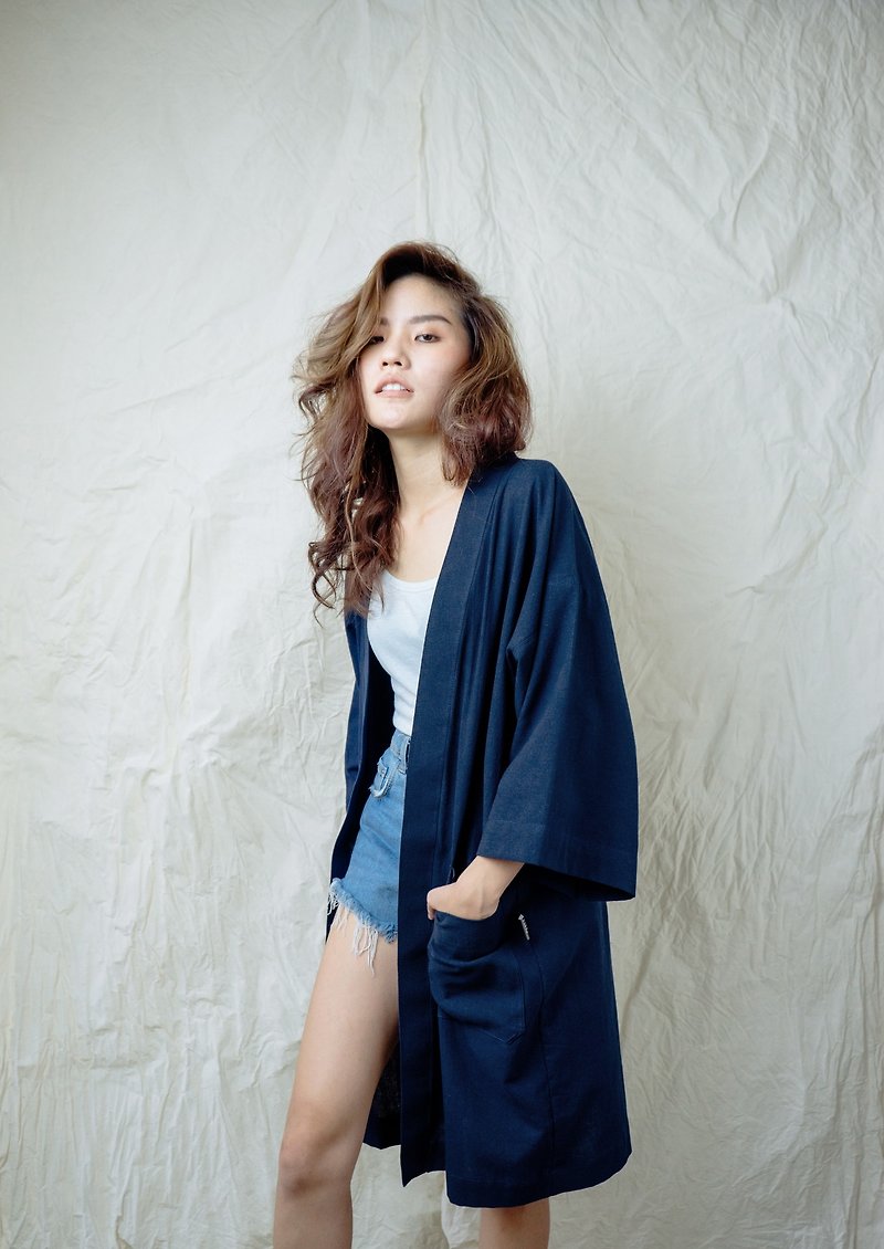 Navy Blue Kimono Jacket - 外套/大衣 - 棉．麻 藍色
