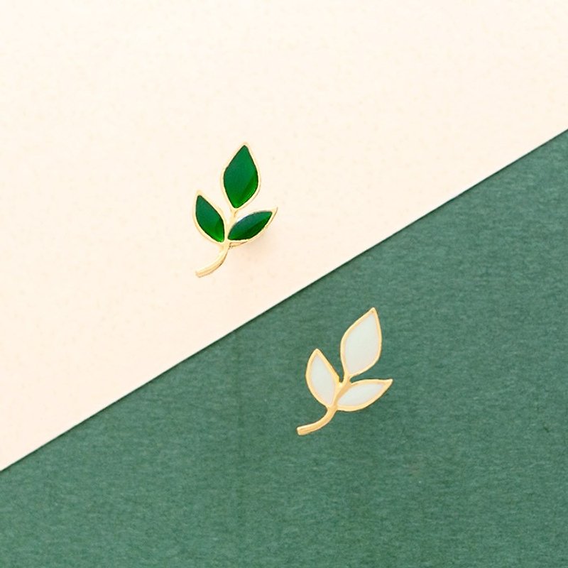 一抹綠葉 植物 葉子 耳環 耳夾 浪漫 生日禮物 紙盒包裝 - 耳環/耳夾 - 琺瑯 綠色