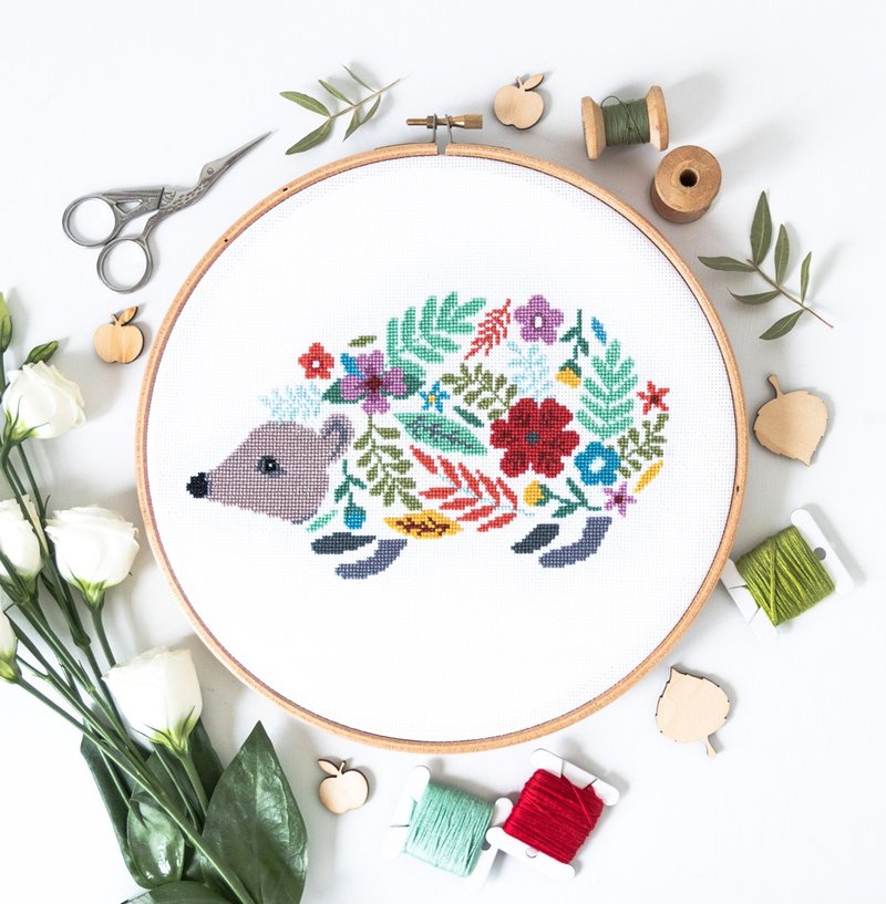 Floral Hedgehog Cross Stitch PDF Pattern 十字繡 - 編織/刺繡/羊毛氈/縫紉 - 其他材質 