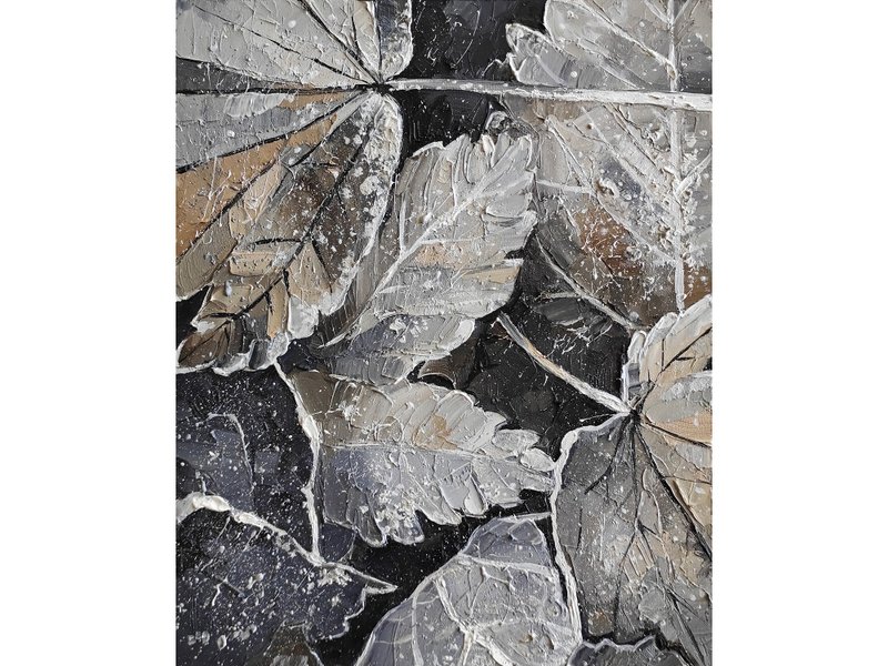 Leaves Painting Floral Original Art Oil Painting Fall Painting Autumn Wall Art - 海報/掛畫/掛布 - 其他材質 灰色