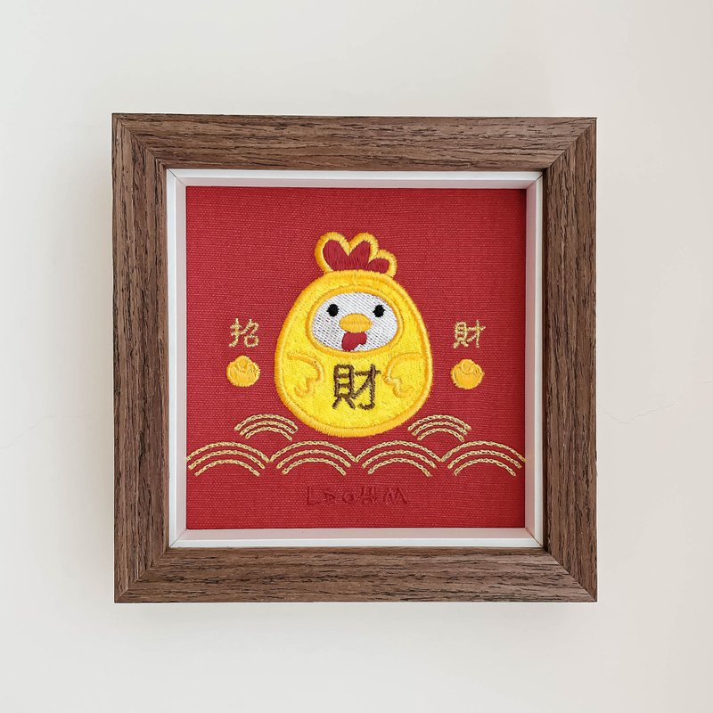 [Wealth Rooster] Golden Rooster Bodhidharma Embroidery Painting|Solid Wood Frame|With Packaging - Picture Frames - Cotton & Hemp Yellow