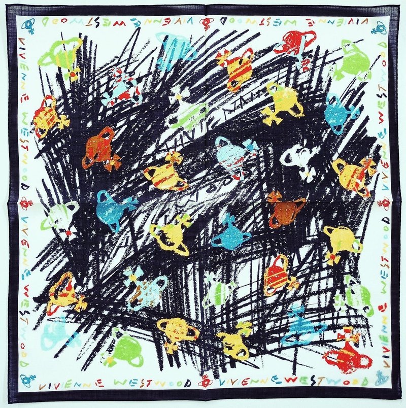 Vivienne Westwood Vintage Handkerchief Playful Motifs Saturns 20 x 20 薇薇安魏斯伍德 - Handkerchiefs & Pocket Squares - Cotton & Hemp Black