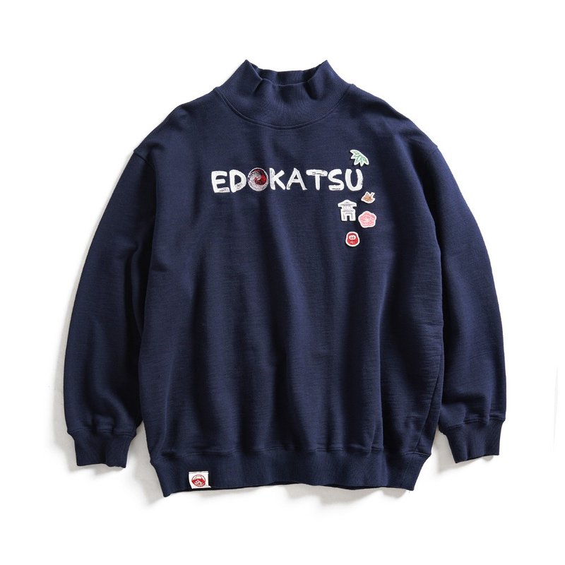 Edo Katsuri Classic and Handle Pattern Embroidered Patch High Neck Thick Long-sleeved T-Shirt - Ladies (Cyan) - Unisex Hoodies & T-Shirts - Cotton & Hemp Blue