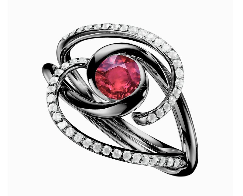 紅寶石鑽石二合一戒指套裝 極簡14k金炫黑戒指 結婚求婚戒指組合 - 戒指 - 貴金屬 紅色